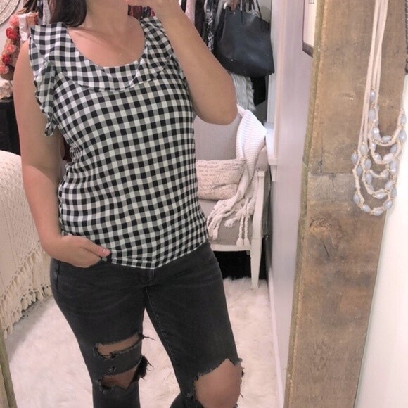LOFT size small black checkered ruffle top - Picture 1 of 5